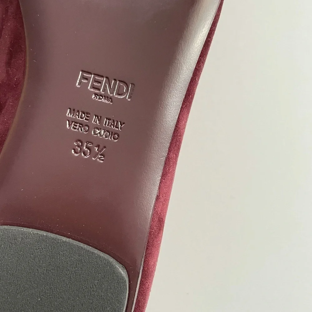 FENDI Velvet-trimmed suede point toe flats 35.5 burgundy wine red ribbon laced